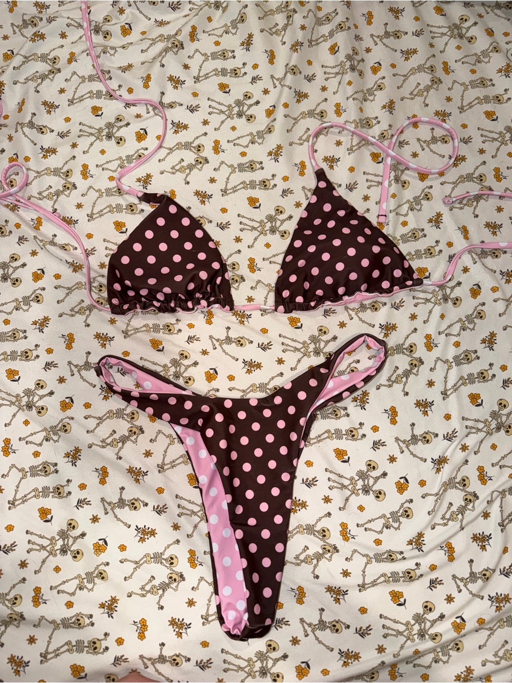 Amazon Brown Bikini with Pink Polka Dots - Two-Piece Triangle Set